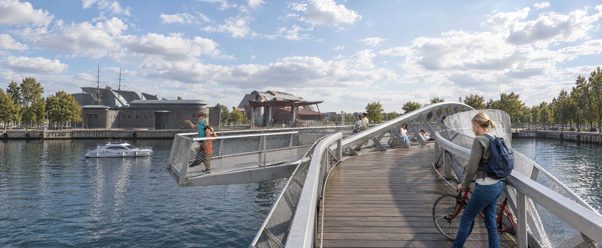 AI-extended panoramic footbridge view.